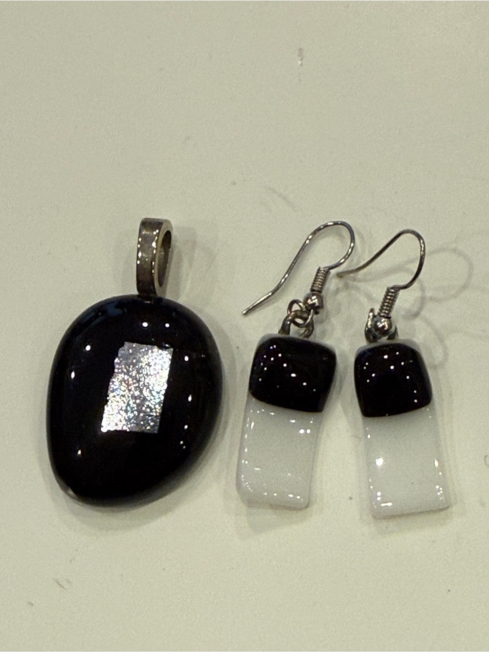 Artisan Fused Glass Pendant Earrings Set Black White Silver Dichroic Handmade